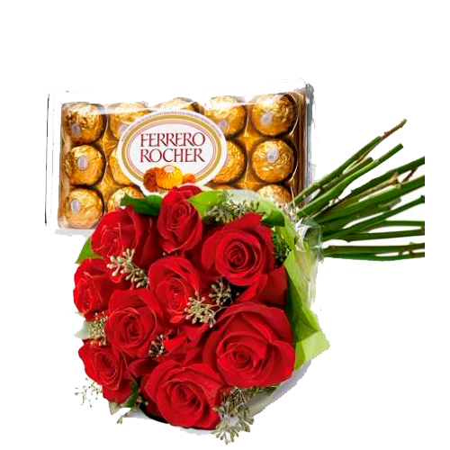 Cesta 9 Rosas Vermelhas nacionais e Caixa de ferreiro com 12 bombons.